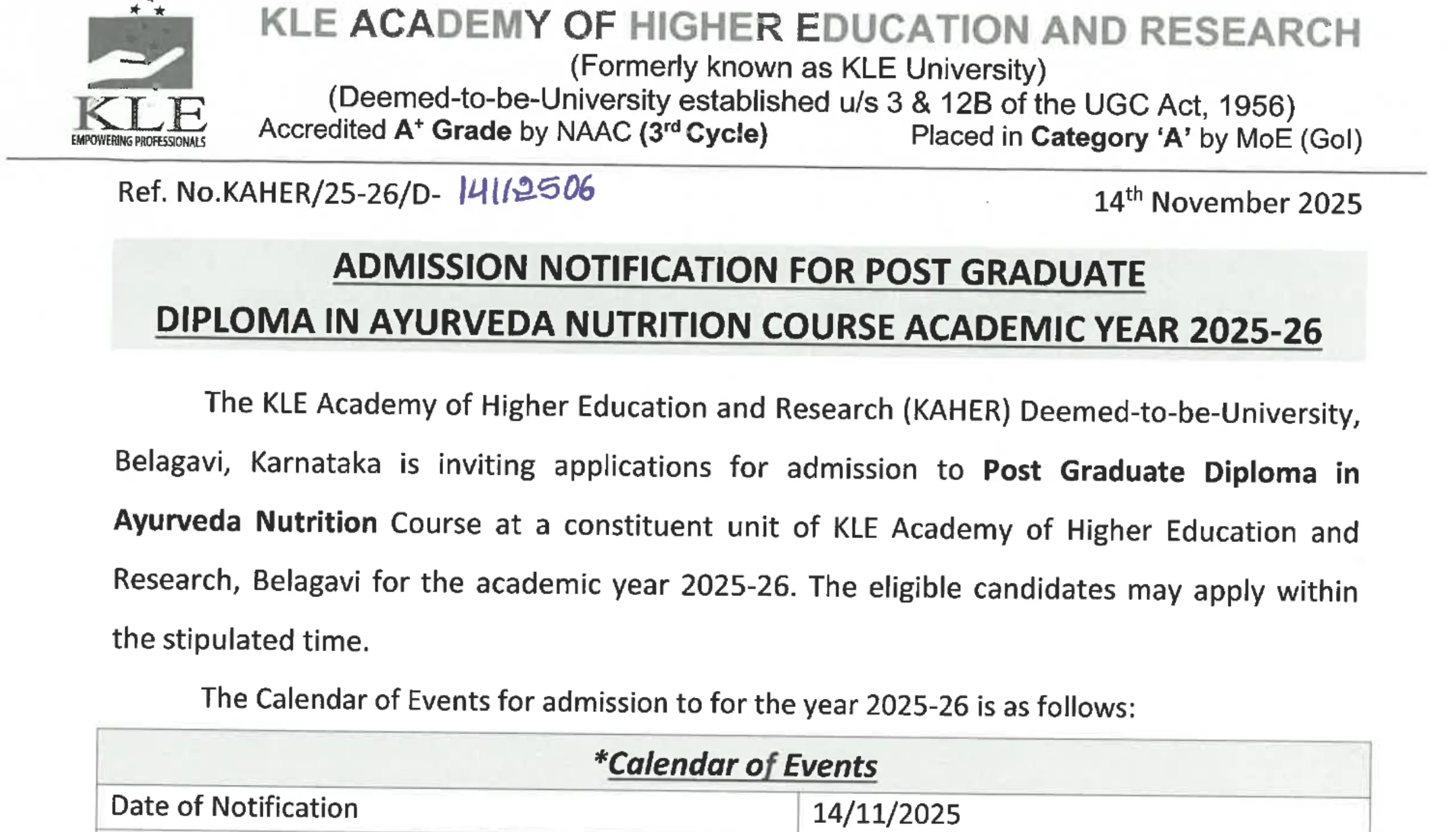 Admission Notification for PG Diploma in Ayurveda Nutrition Course academic year 2025-26