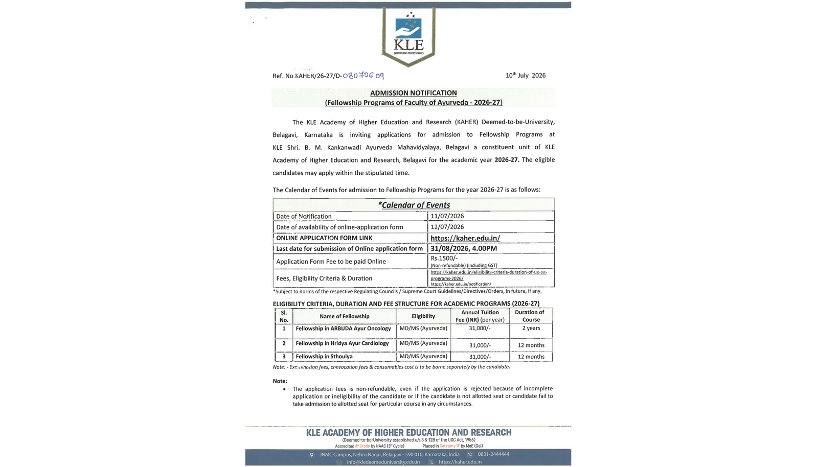 Admission Notification – Fellowship Programs of Faculty of Ayurveda 2026-27
